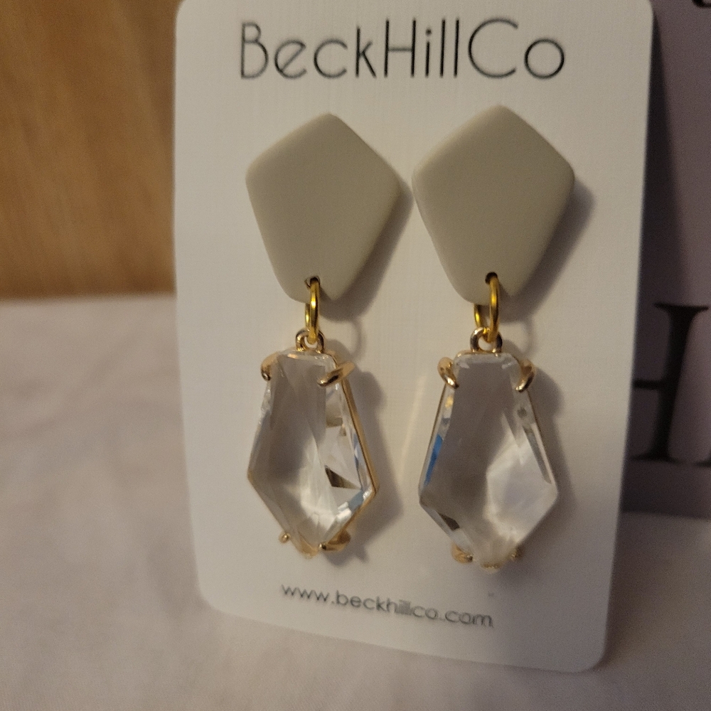Handmade White Clay and  Crystal Drop Earrings